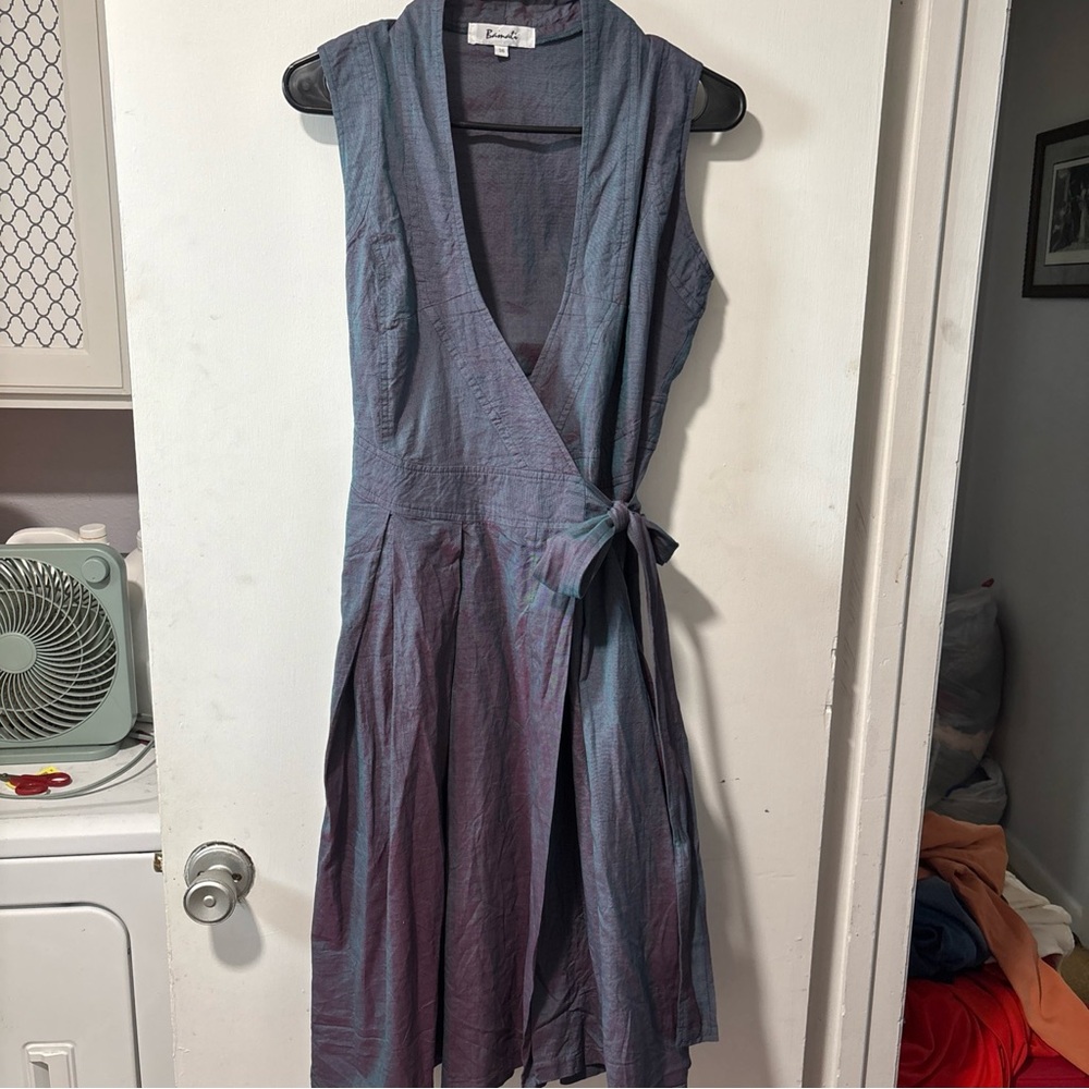 Vintage Barami Dress Wrap Fit & Flare Dress Size 36 S 6 Purple Green Cotton